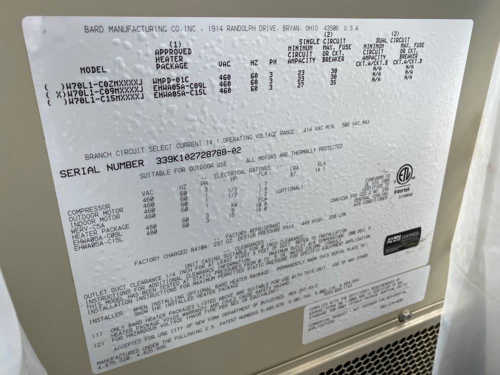 Bard 6-Ton Left Hand Package Air Conditioner 460V, W70L1-C09MXXXXJ